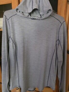 Duluth Trading Navy and White Striped Hooded Top